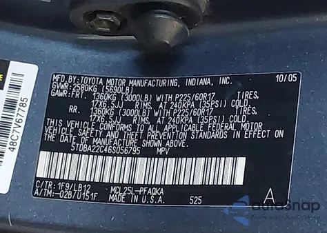 2006 Toyota Sienna Xle из США, поврежденный, VIN 5TDBA22C46S056795